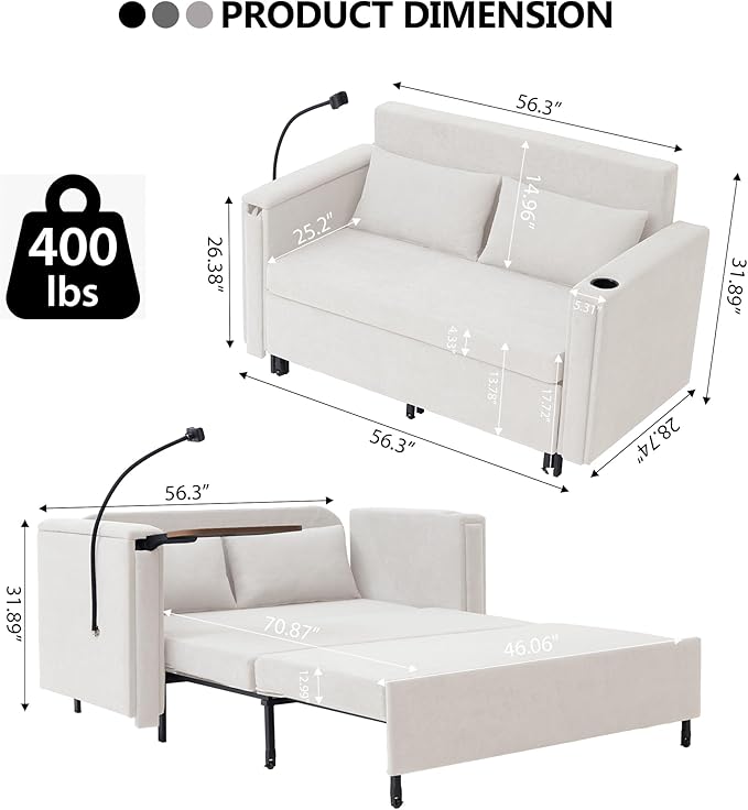 ORRD Pull Out Sofa Bed, 2-in-1 Multi-Functional Sleeper Couch Small Loveseat Bed with Hidden Side Table, Phone Holder and Cup Holder for Living Room, Small Space, Apartment (White)