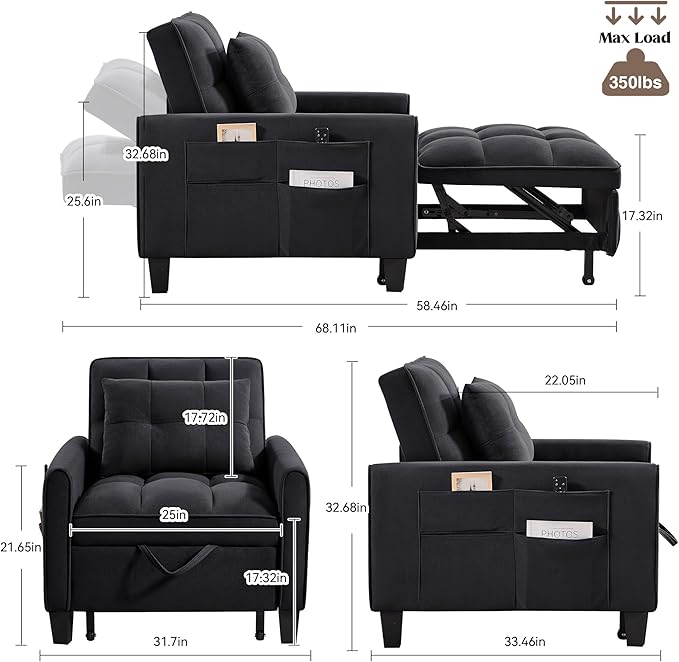 Choairy Modern Black Velvet 3 in 1 Sleeper Chair Bed Pull Out Sofa Bed Chair, Adjustable Backrest, 3 Reclining Positions, Adult Size, Indoor Use