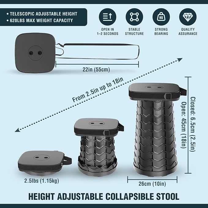NUMANU 2025 Upgraded Collapsible Stool & 3IN1 Cushioned Carry Bag, Max 620lbs, 18" Height Adjustable Portable Stool Retractable Telescoping Seat, Foldable Camping Stool for Adults or Footrest (Square)