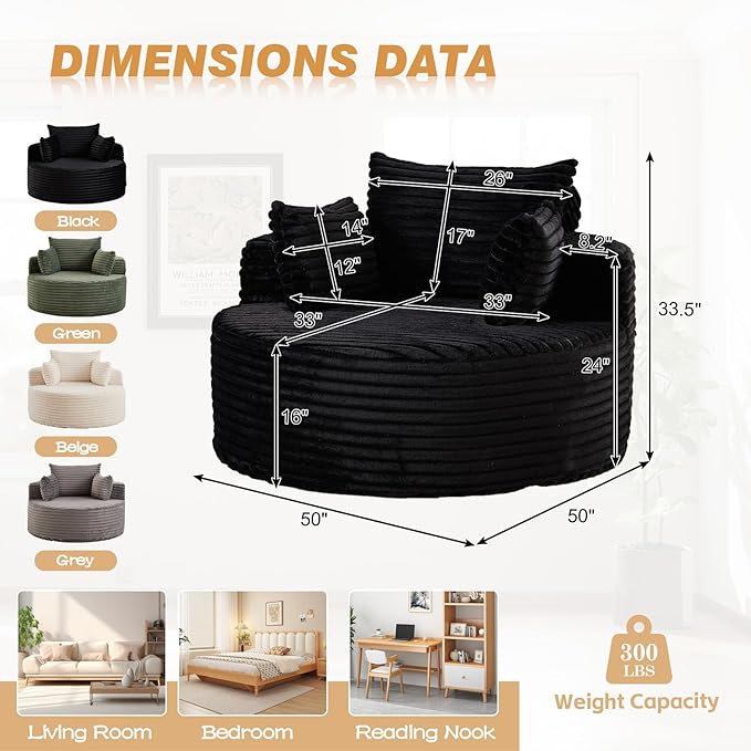 50"W Oversized Round Chaise Lounge Chair Indoor, Upholstered Corduroy Deep Seat Cloud Circle Sofa Chair, Modern Fluffy Comfy Floor Reading Armchair for Living Room, Bedroom, No Assembly Required,Black