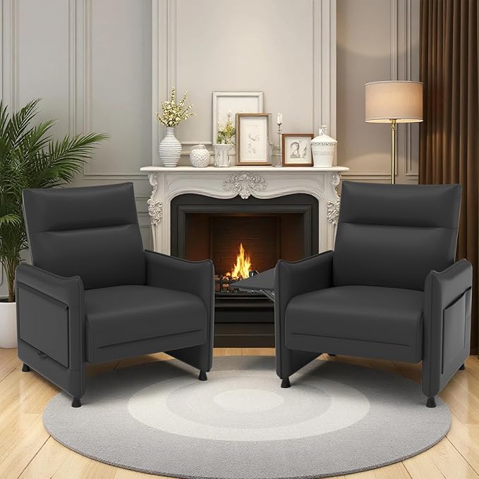 Upholstered Accent Sofa, Modern Faux Leather Sofa Chair with Hidden Foldable Tray & Side Pocket, Front Contour Arm Design, Small Accent Sofa for Bedroom, Black