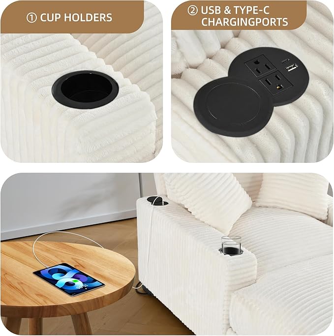 Oversized 60" Chaise Lounge Chair with Adjustable Backrest, Solid Wood Frame Corduroy Upholstery, Cup Holder USB & Type-C Port, 2 Pillows Sleeper Couch Deep Seat for Living Room, Bedroom, White