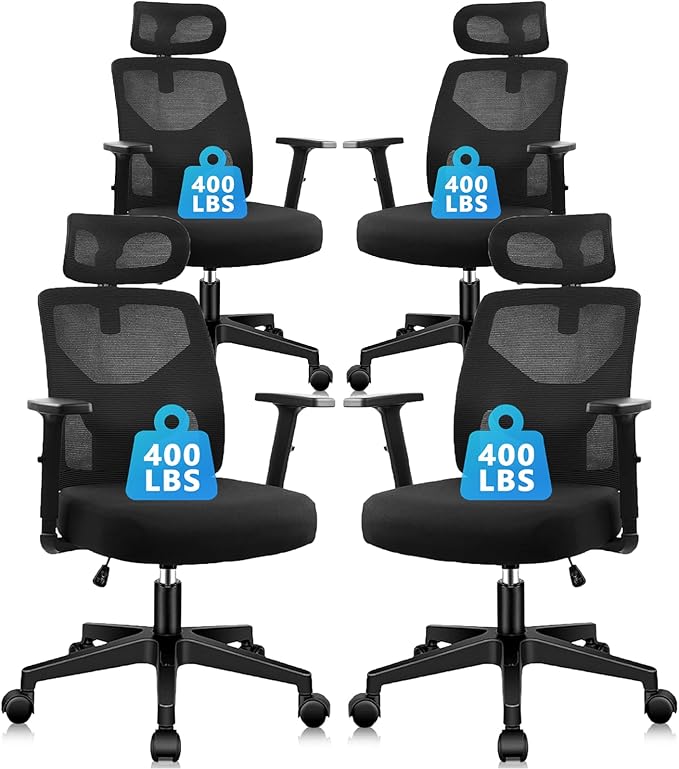CLATINA Ergonomic Office Chair Computer Desk Chair with High Back Mesh and Adjustable Lumbar Support Rolling Work Swivel Task Chairs with Wheel 3D Armrests and Headrest, Black, 4 Pack