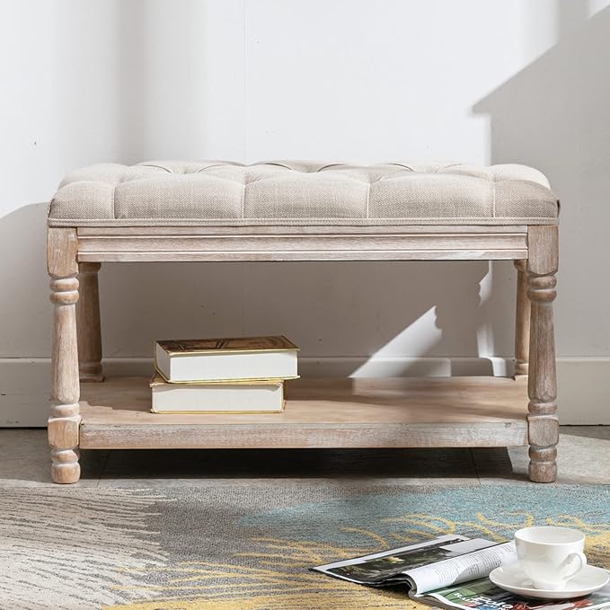 Farmhouse Storage Bench Wooden Entryway Linen Upholstered Ottoman Button Tufted Bench for Bedroom End of Bed Hallway Organizer, Beige, 32 Inch