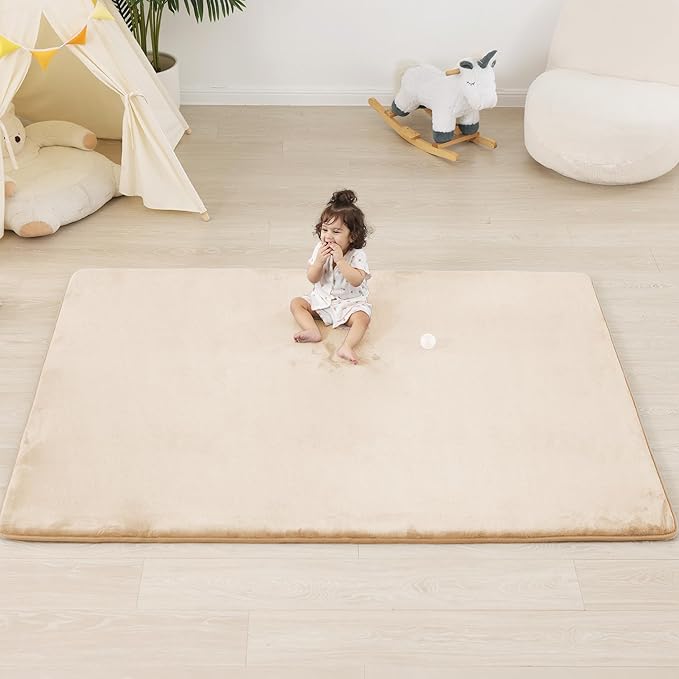 PAPAMAT 1.3" Thick Baby Floor Play Mat 59x71, Basic Padded Foam Mat for Tummy Time Crawling, Non Slip Cushioned for Babies Toddlers Infants Kids (Beige)