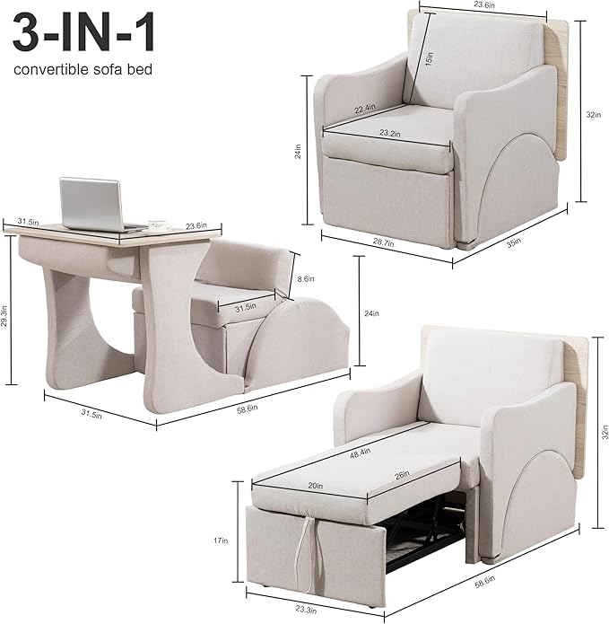 Reading Chair, Chaise Lounge Chair Indoor, 3 in 1 Multiple Convertible Pull Out Lounge Couch, Fabric Reading Chairs, Single Sleeper Sofa with Adjustable Backrest for Dorm, Bedroom, College, White