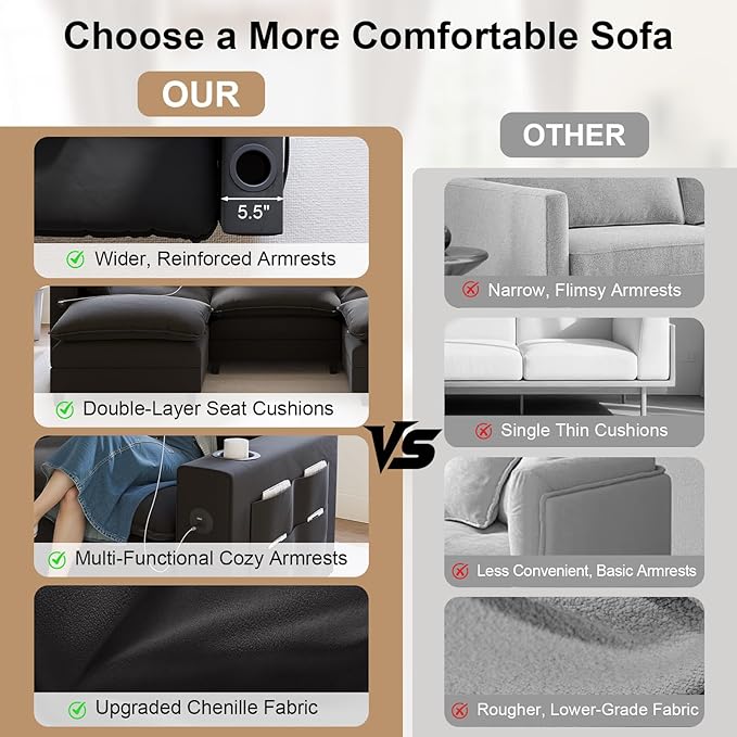 KCGKCG 80.7" Modular Sectional Sofa, L Shaped Cloud Couch with Movable Ottoman, Chenille Deep Seat Cloud Sofa with Charging Station, Cup Holder, Side Pocket, Sectional Couches for Living Room, Black