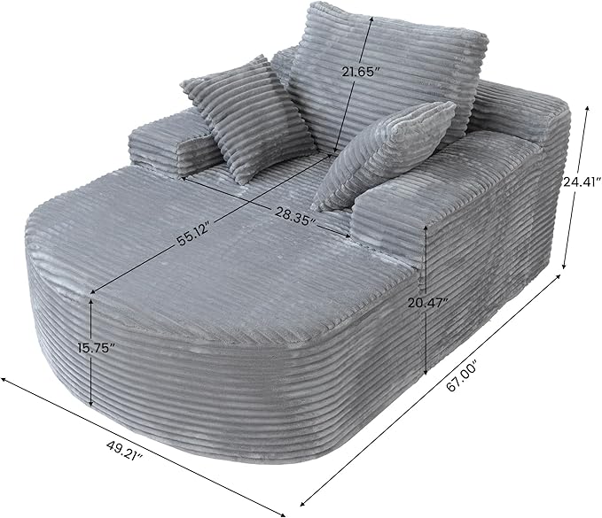 WJShome Corduroy D-Shaped Couches, Oversized Round Chair with Pillows, Circle Chair Sleeper Couch,Modern Sleeper Boneless Sofa for Reading, Gray