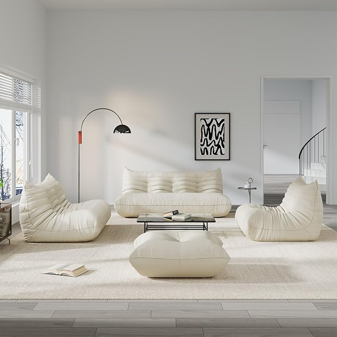 Comfy Lazy Floor Sofa Couch,Soft Armless Chair,Faux Leather Lounge Chair,Corner Relax Sofa Couch for Living Room Bedroom,Salon Office,Adults((White+3P+2P+1P+Ottoman)