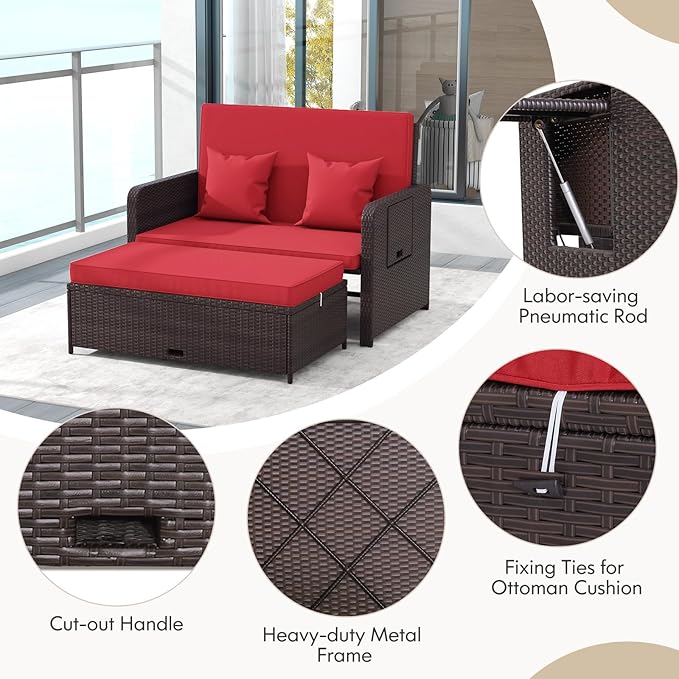 RELAX4LIFE Wicker Patio Outdoor Daybed - Rattan Day Bed Lounger with Loveseat & Storage Ottoman, Sunbed Sofa Set w/Cushions, 4-Level Adjustable Backrest & 2 Retractable Trays, Patio Daybed (Red)