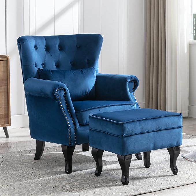 Janoray Mid Century Modern Accent Chair Upholstered Armchair Comfy Velvet Tufted Wingback Single Sofa with Ottoman for Bedroom Living Room, Blue