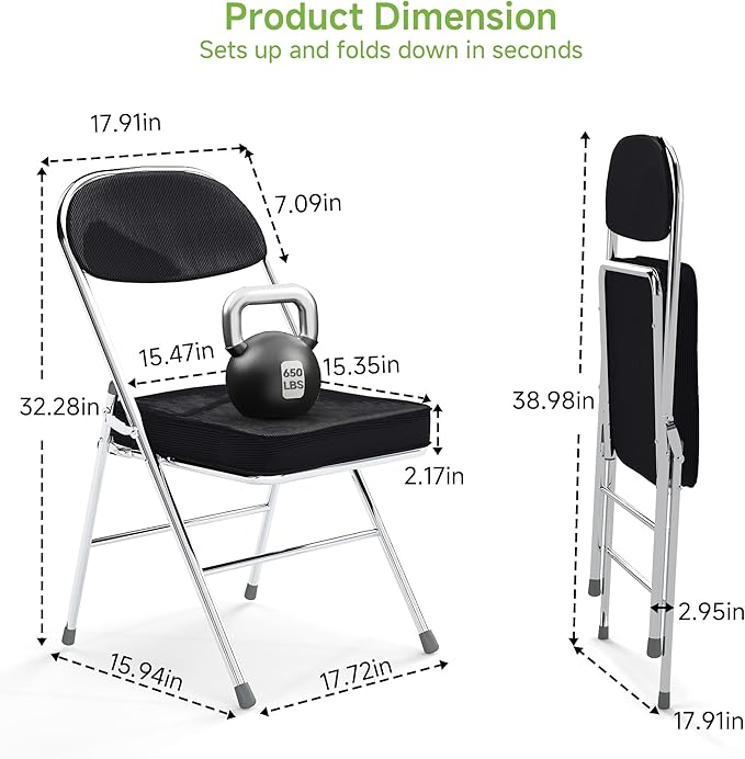 Real Relax Folding Chairs with Padded Thick Seat, Durable Corduroy Fabric, Portable Stackable Commercial Folding Office Chair with Steel Frame for Events Office Wedding Party,650LB,2 Pack,Black