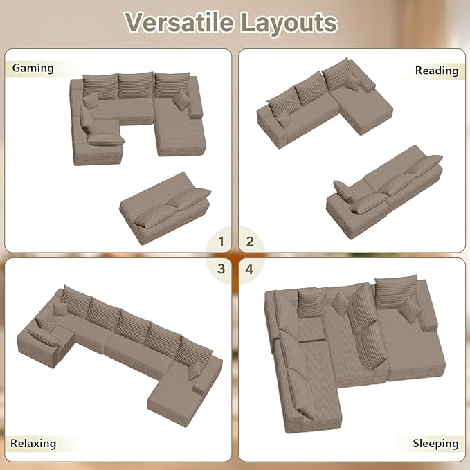 Sectional Cloud Couch with L-Shape Chaise, Modern Modular Comfy Sofa with Deep Seat, Upholstered Corduroy Couches Stupendous U Shaped Sofas for Living Room Bedroom, No Assembly Required, Camel
