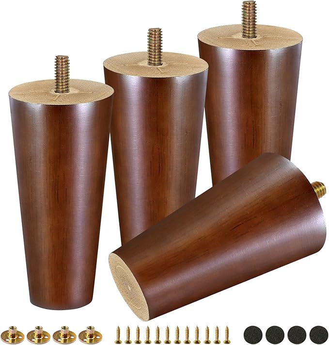 FoDau770 Brown Rubber Wood Furniture Legs 5 Inches, Straight Tapered Wood Feet Mid Century Sofa Legs Set of 4, 5/16" UNC Furniture Feet Replacement Parts for Cabinet Couch Dresser Chair Ottoman Table