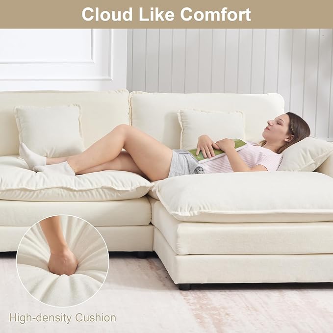 KIVENJAJA 111.5”W Chenille L-Shaped Modular Sectional Sofa, Modern 3-Seater Comfy Deep Seat Cloud Couch with Ottoman/Chaise & 5 Pillows for Living Room Office Apartment, Beige