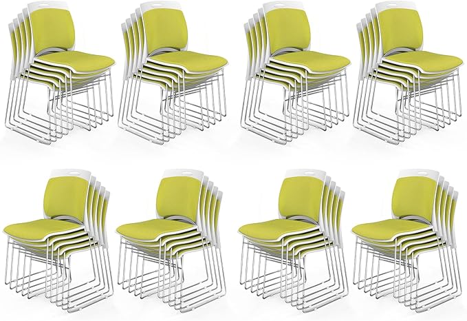 VINGLI Stackable Chairs Set of 40, Stacking Office Chairs with Metal Sled Base, Ergonomic Plastic Padded Seat & Back, Capacity 350lbs, Stacking Chairs for Waiting Room Break Room Banquet Guest, Green