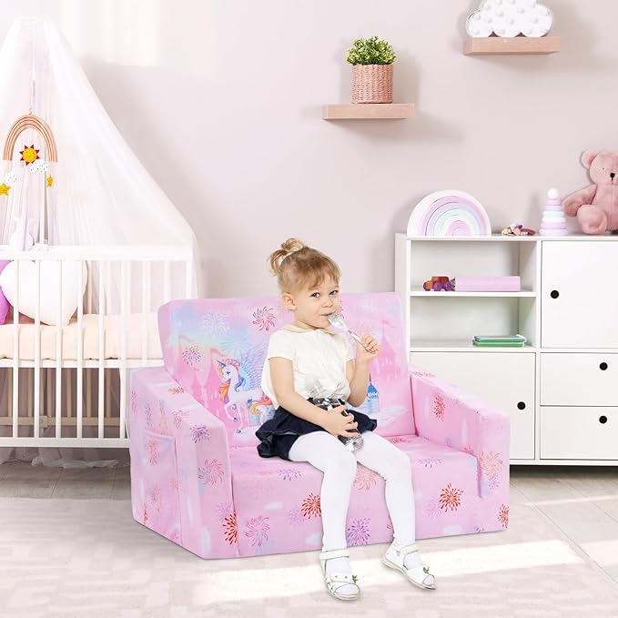 decalsweet Foldable Kids Sofas Couch 2 in 1 Children Convertible Sofa to Lounger Flip Open Toddlers Sofa Bed