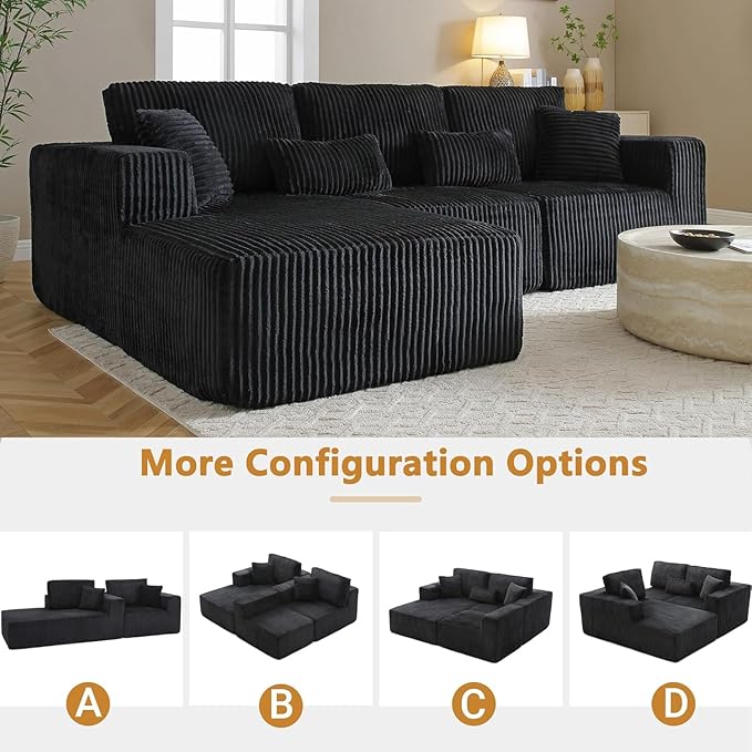Vanress 110" Cloud Couch Sectional, Corduroy Boneless Couch with L-Shape Chaise,Modern Modular Sectional Sofa Comfy Deep Seat for Living Room, Bedroom, No Assembly (Black, Left Facing Chaise)