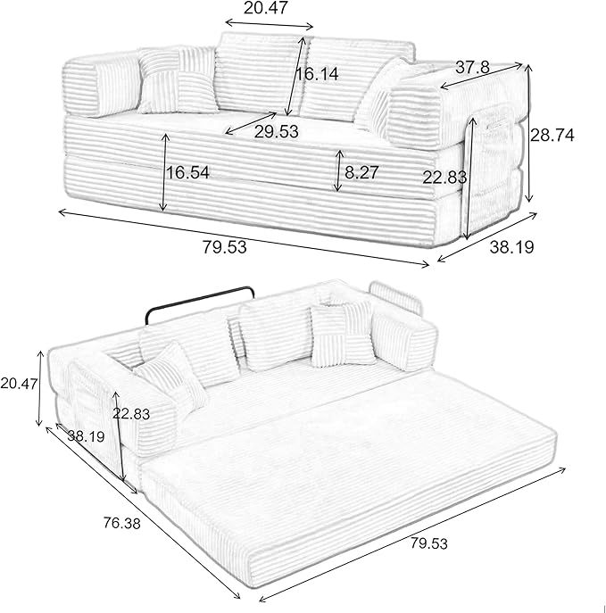 79.5" Folding Convertible Sofa Bed with Side Storage Pockets, 4-in-1 Corduroy Boneless Couch, No Assembly Loveseat Sleeper, Floor Sofa Daybed Futon Couch for Living Room Bedroom Lounge, Grey Upgraded