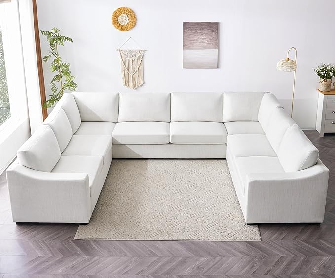 ELUCHANG Convertible Sectional Sofa, U Shaped Couch, Natural Linen Fabric Couches with Extra Deep Seats, Big Comfy Couch Upholstered Modern Corner Sofa for Living Room, Office, White