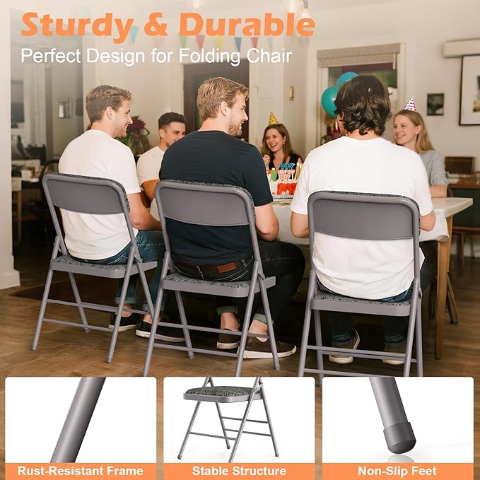 Commercial Grade Folding Chair with Padded Fabric Cushion（16"X16" |Double-hinged Legs Luxury Style|4.5kg Capacity Max Weight 150Kg for Home and Office,Indoor and Outdoor Events (2, Fabric-Grey)