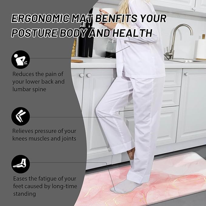 Pink Kitchen Rugs, Kitchen Floor Mats Cushioned Anti Fatigue Set of 2 Non Slip Waterproof Anti Fatigue Mat Comfort Memory Foam Standing Mat for Gold Kitchen Accessories