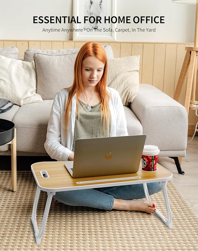 ZEAPTAC Laptop Bed Desk, Foldable Lap Desk, Portable Lap Table, Laptop Stand with Cup Holder & Tablet Slot & Lifting Handle for Working Writing Drawing & Eating - Wood