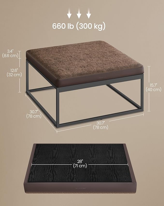 SONGMICS Home LUIZ Collection - Ottoman, Square Coffee Table, Footstool, Reversible Top, Padded Seat, Side Table, Minimalist, Steel Frame, Max. Load 660 lb, for Living Room, Walnut Brown ULOM077K01
