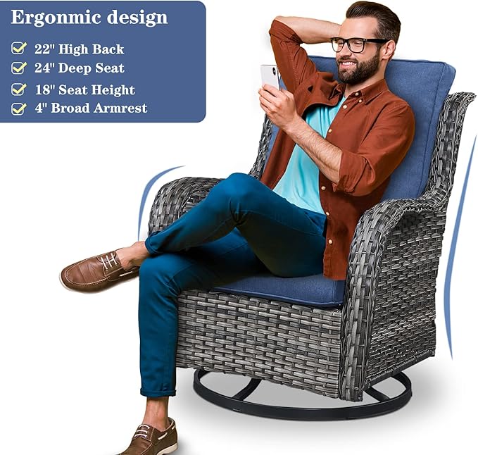 Belord 5 Pieces Patio Wicker Furniture Set - 4 Outdoor Swivel Rocker Glider Chairs with Propane Fire Pit Table, Patio Conversation Set Blue Cushion Perfect for Casual Gathering