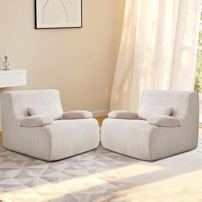 38" Bean Bag Single Chair for Living Room Bedroom, Corduroy Boneless Chair with Armrest and Pillow, Memory Foam Beanbag Couch, Lazy Floor Sofa for Reading Gaming Living Room Bedroom (2, Beige)
