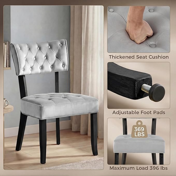 UVV Upholstered Dining Chairs Set of 2, Mid Century Modern Tufted Kitchen Chairs Dining Room Chairs, Velvet Dinner Chair with Wood Legs for Dining Room Kitchen, Light Grey-Black Legs