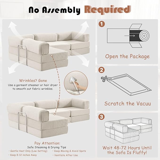 Modular Convertible Sofa Bed 106" L-Shaped with Reversible Chaise, Corduroy Floor Sleeper Boneless Couch, Folding Futon for Living Room, Apartment, Small Spaces, No Assembly Required, Beige