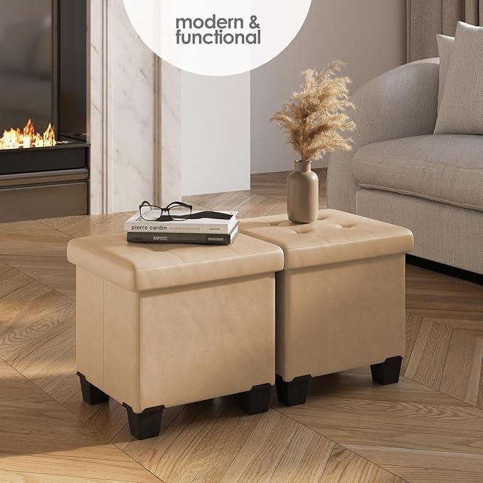 Storage Ottoman Cube with Small Bin, 16-in Square Ottoman with Storage for Living Room and Bedroom, Small Ottomans Foot Rest, Faux Leather Foot Stools Ottomans Max 330lbs, Taupe