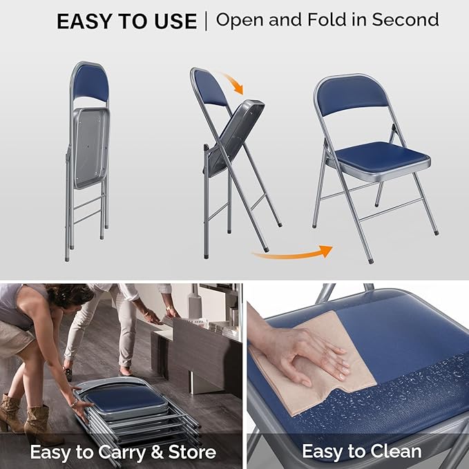 VINGLI 2 Pack Folding Chairs with Padded Seats, Metal Frame with Pu Leather Seat & Back, Capacity 350 lbs, Set of 2, Blue