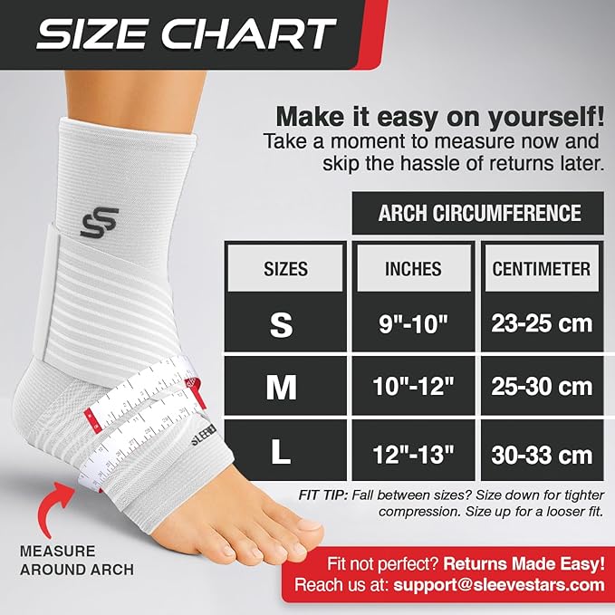 Sleeve Stars Ankle Brace for Women & Men, Ankle Wrap for Sprain, Compression Sleeve for Plantar Fasciitis Relief, Easy Customizable Support: w/ Removable Strap (Pair/M:10"-12"/White)