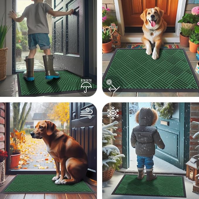 Smiry Front Door Mat Outside Entrance, Heavy Duty Outdoor Indoor Natural Rubber Doormat, Non Slip, Trap Dirt and Moisture, Easy Clean, Low Profile Patio Porch Entryway Mat, 47x23, Green