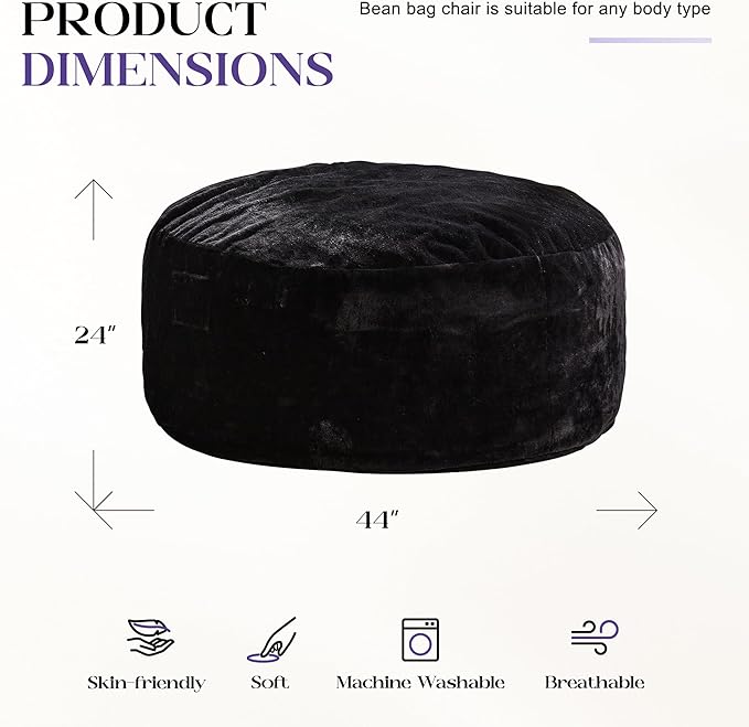 Hobestluk Bean Bag Chairs Giant Beanbag Chair with Filler, Memory Foam Bean Bags with Fluffy & Machine Washable Cover, Bean Bag Chairs for Aduts for Living Room, Bedroom (BLACK, 4FT - 44” x 44” x 24”)