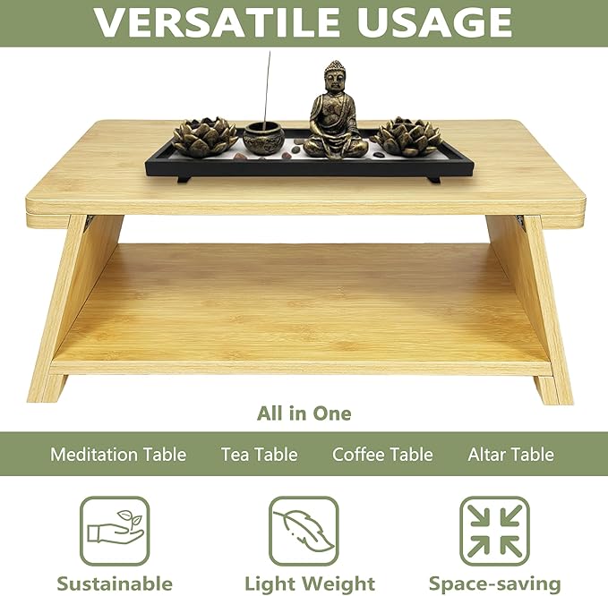 koretech Floor Table, Altar Table Paulownia Folding Design, Low Meditation Table for Sitting on The Floor Japaness Table Tatami Table (Bamboo Color)