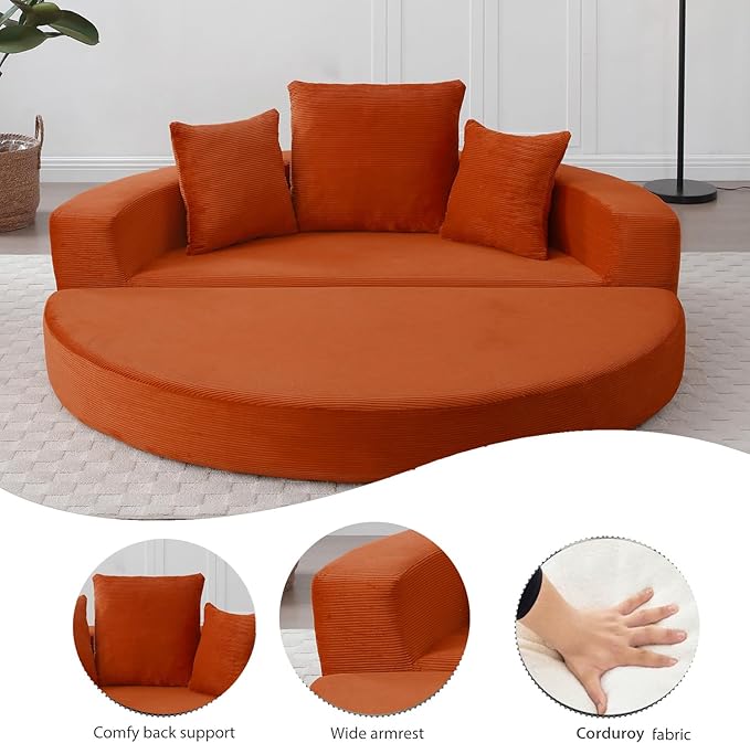 67" Round Convertible Folding Sofa Bed, Boneless Couch Loveseat, Floor Sleeper Chaise Lounge for Living Room, Apartment, Dorm, Small Spaces, Orange