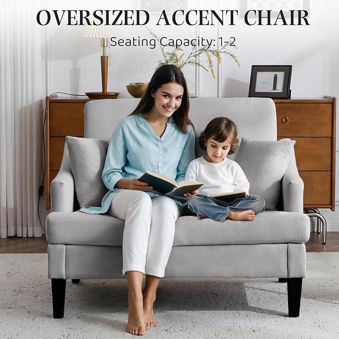 Bezseller Oversized Accent Chairs Set of 2, 33.5'' Wide Seat Comfy Armchair with 2 Pillows, Upholstered Big Reading Chair, Modern Single Sofa Chair for Living Room Bedroom Apartment Office, Grey