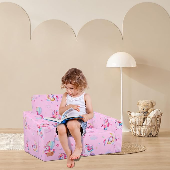 decalsweet Foldable Kids Sofa Couch 2 in 1 Children Convertible Sofa to Lounger Flip Open Toddlers Sofa Bed,Extra Wide Soft Lightweight for Bedroom Livingroom Playroom