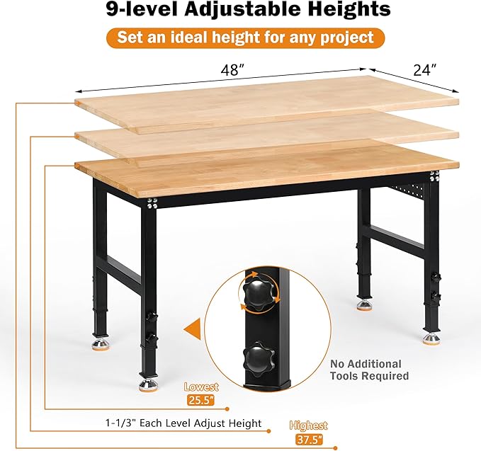 Betterhood Adjustable Height Workbench, 48" Rubber Wood Top Heavy Duty Workstation with Power Outlets, 2000 LBS Load Capacity Hardwood Worktable for Workshop, Garage, Office, Home, Commercial