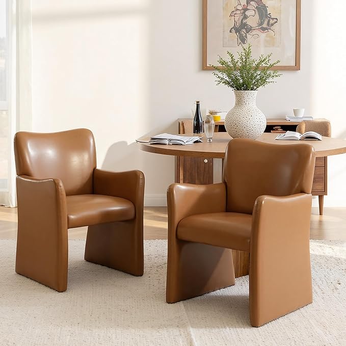 CIMOTA Brown Faux Leather Dining Chairs Set of 2, Upholstered Accent Chairs with Arms/Wood Legs, Comfortable Kitchen Chairs for Living/Reception/Dining Room