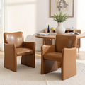CIMOTA Brown Faux Leather Dining Chairs Set of 2, Upholstered Accent Chairs with Arms/Wood Legs, Comfortable Kitchen Chairs for Living/Reception/Dining Room