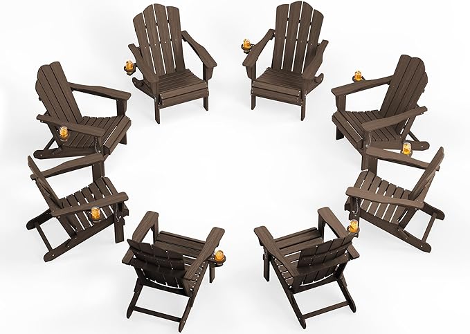 KINGYES Folding Adirondack Chair Set of 8, HDPE All-Weather Folding Adirondack Chair, Coffee