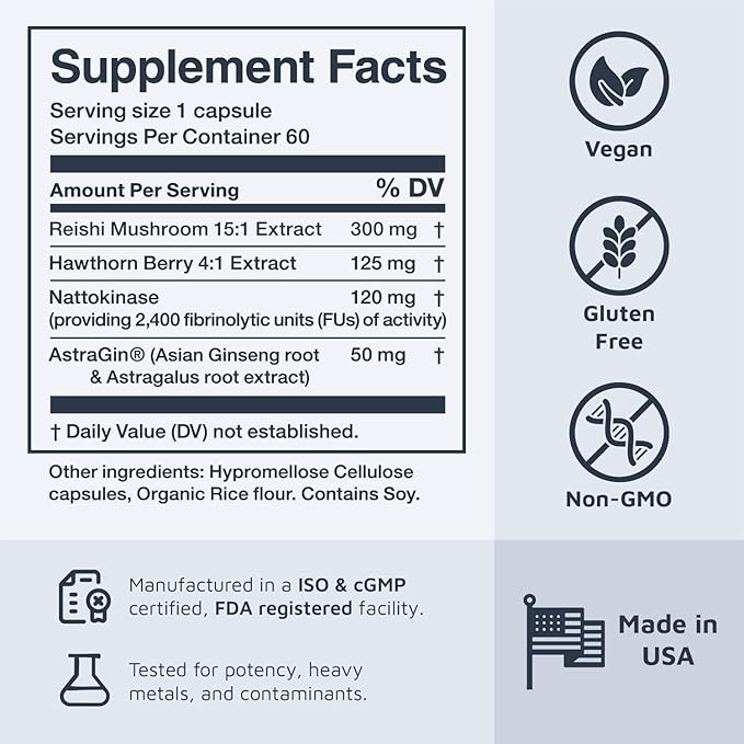 Heart Tune 4-in-1 Blood Pressure Support Supplements – 2 Month Supply – 2,400 FU Nattokinase, 4,500mg Reishi Mushroom & Hawthorn – Dr. Formulated for Vascular Circulation & Flow – 60 Vegan Capsules
