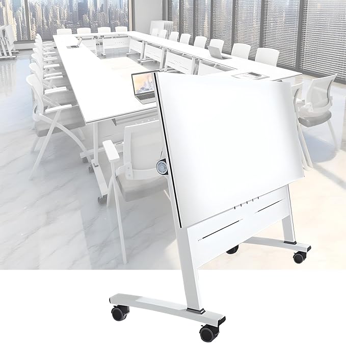 Folding Conference Room Tables, Flip Top Mobile Training Table with Wheels, Mobile Dynamic Meetings Training Tables, Portable Office Executive Desk, Rolling Seminar Meeting Table (1, White, 47.2in)
