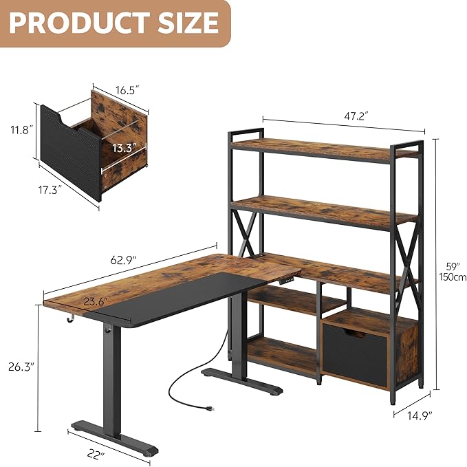 77.8 Inches L Shaped Standing Desk Corner Desk with Hutch Electric Height Adjustable Desk with Storage Shelves File Drawer Power Outlets Reversible Computer Gaming Desk for Home Office Brown