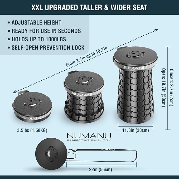 NUMANU 2025 Upgraded XXL Collapsible Stool & 3IN1 Cushioned Carry Bag, 2.7"-19.7" Height Adjustable, Max 1,000lbs Portable Retractable Telescoping Seat, Foldable Camping Stool for Adults (XXL Round)