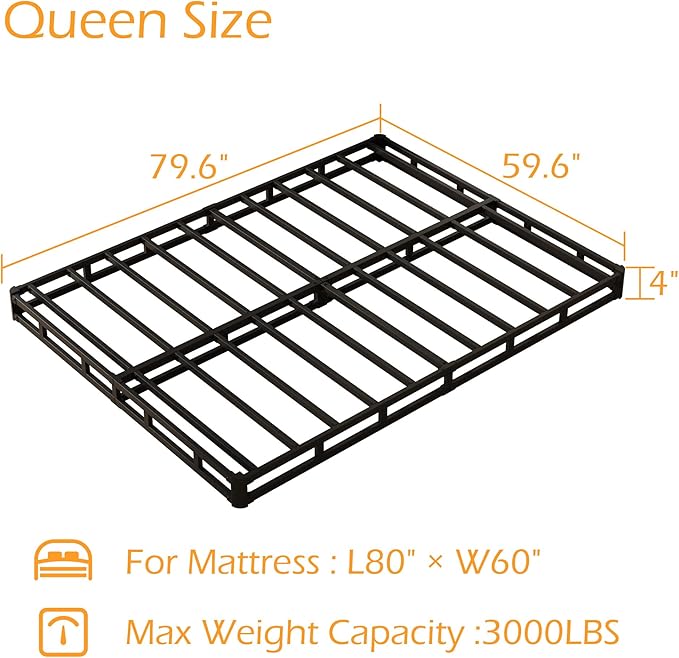 Maenizi Queen Box Spring 4 Inch Low Profile, Heavy Duty Metal Box Spring Bed Base with Fabric Cover, Mattress Foundation, Easy Assembly, Noise Free, Black